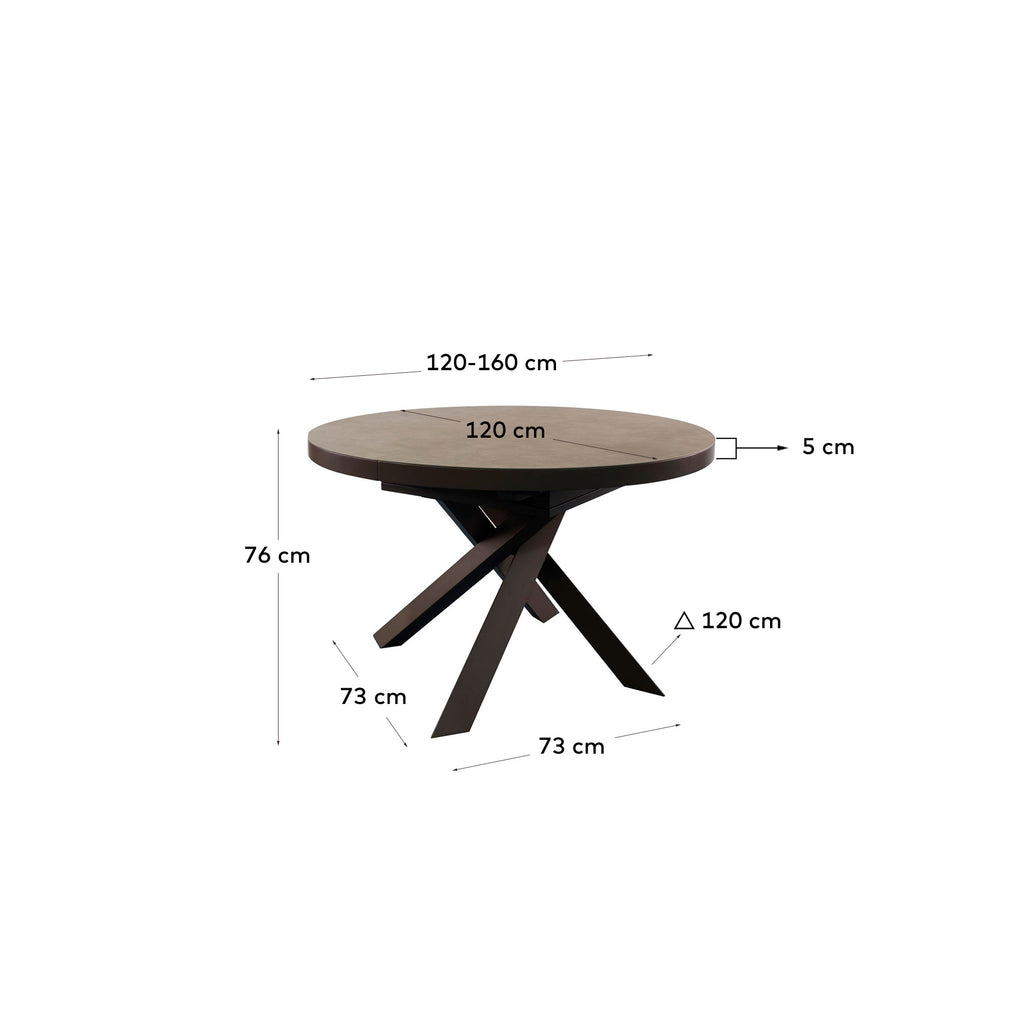 Table extensible ronde Vashti en grès cérame et pieds en acier finition marron Ø120(160)cm