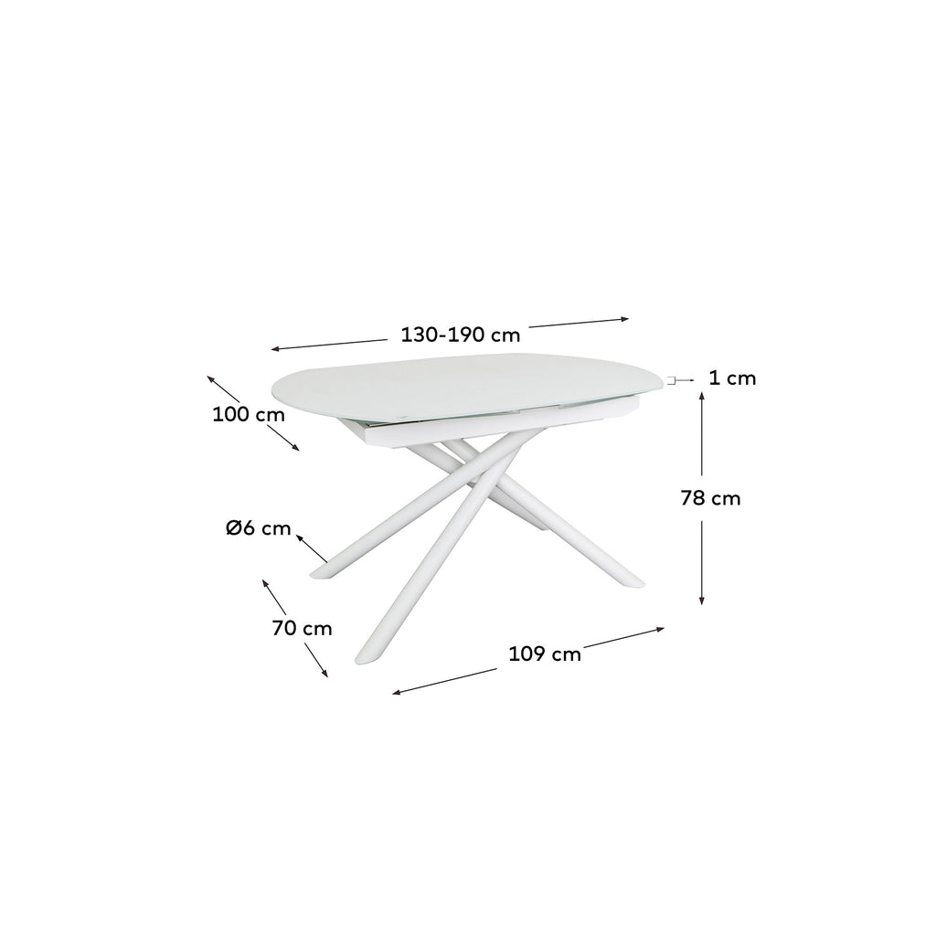 Table extensible Yodalia en verre trempé et pieds en acier finition blanche 130(190)x100 cm