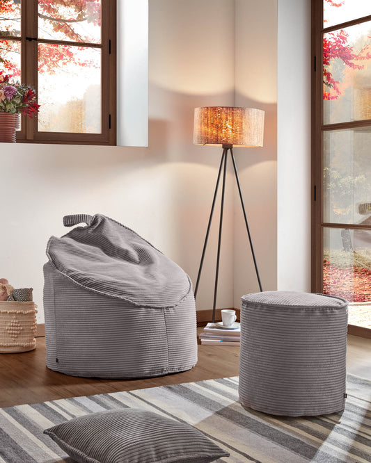 Petit pouf Wilma velours côtelé grosses côtes gris Ø 40 cm