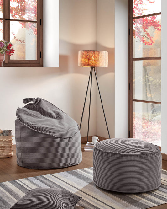 Pouf Wilma velours côtelé grosses côtes gris Ø 80 cm