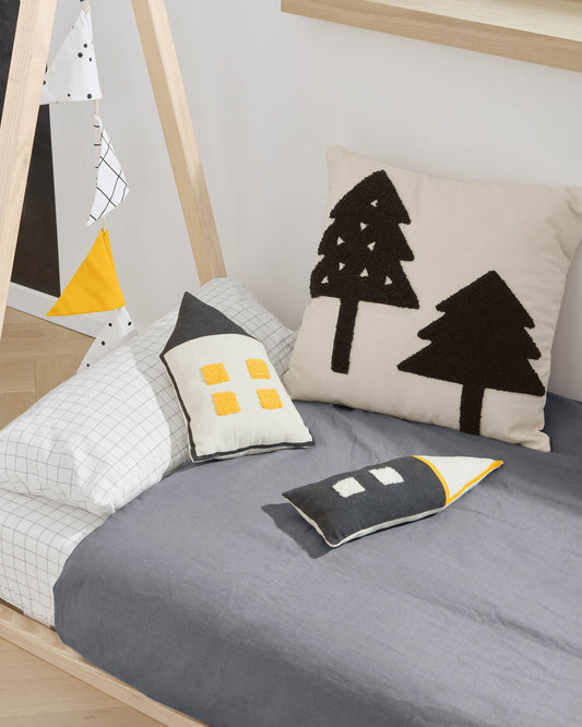 Coussin maison Nisi 100% coton (GOTS) noir et beige 35 x 13 cm
