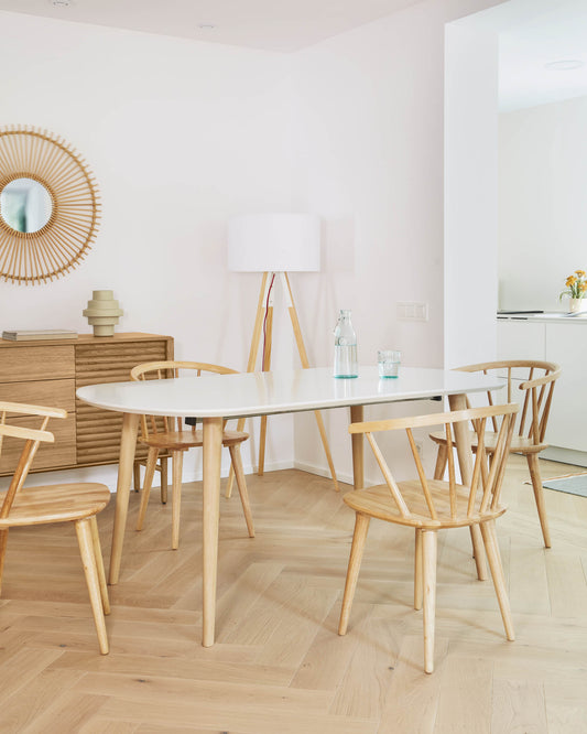 Table extensible Oqui MDF laqué blanc et pieds en bois de hêtre 160 (260) x 100 cm