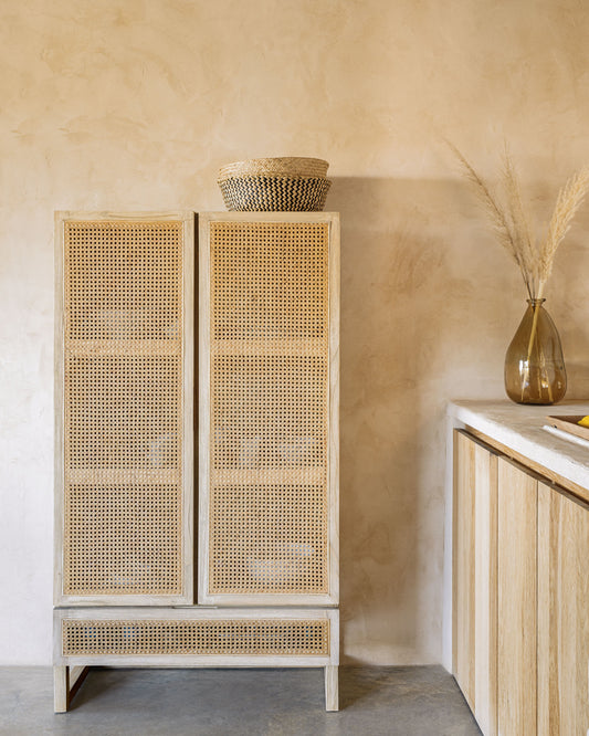 Armoire Rexit bois et contreplaqué de mindi avec rotin 90 x 160 cm