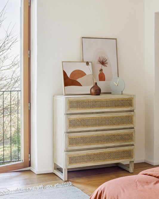 Commode Rexit 4 tiroirs bois et contreplaqué de mindi avec rotin 90 x 93 cm