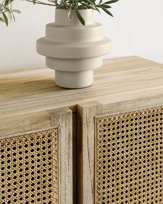 Buffet Rexit 4 portes bois et contreplaqué de mindi avec rotin 180 x 78cm