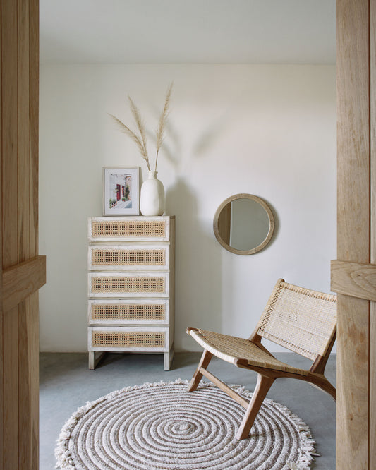Commode Rexit 5 tiroirs bois et contreplaqué de mindi avec rotin 60 x 113 cm
