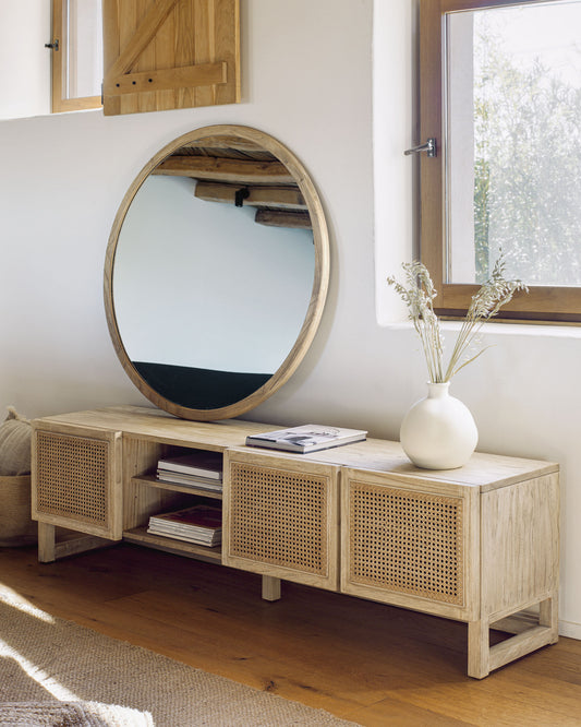 Meuble TV Rexit 3 portes en bois et placage de Mindy et rotin 180 x 50 cm