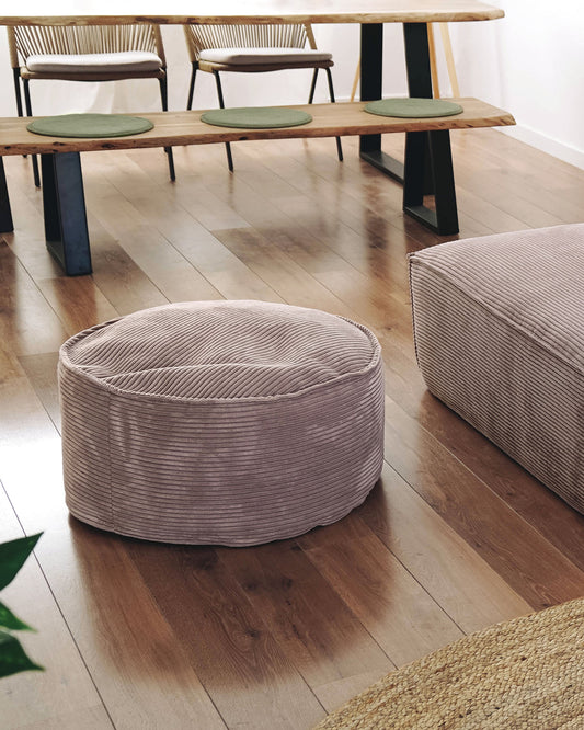 Grand pouf Wilma velours côtelé grosses côtes rose Ø 70 cm