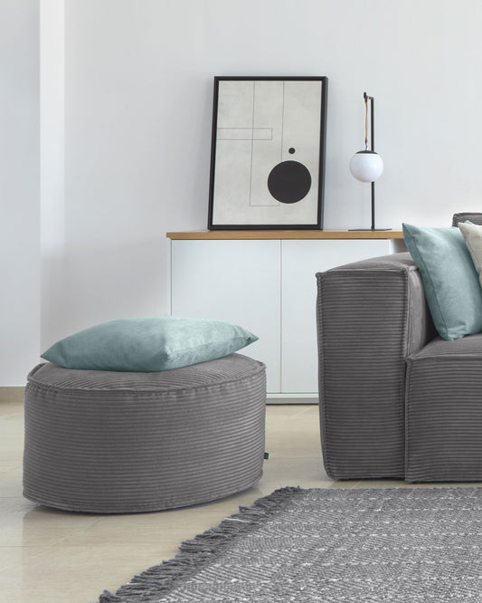 Grand pouf Wilma velours côtelé grosses côtes gris Ø 70 cm