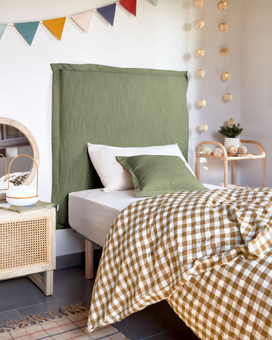 Tête de lit déhoussable Tanit en lin vert pour lit jusqu’à 90 cm