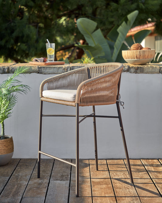 Tabouret Yanet en corde beige et acier galvanisé, hauteur 80 cm