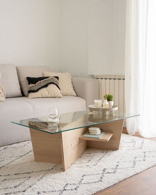 Table basse Balwind en verre et base en chêne 110 x 60 cm