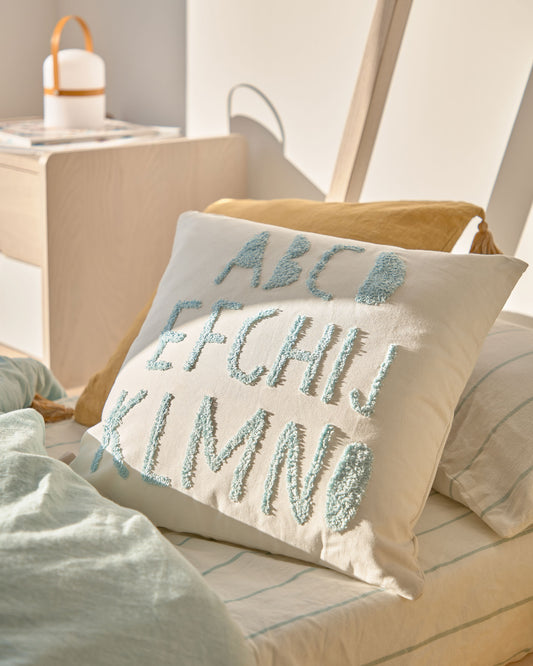 Housse de coussin Keila 100 % coton blanc alphabet bleu 45 x 45 cm