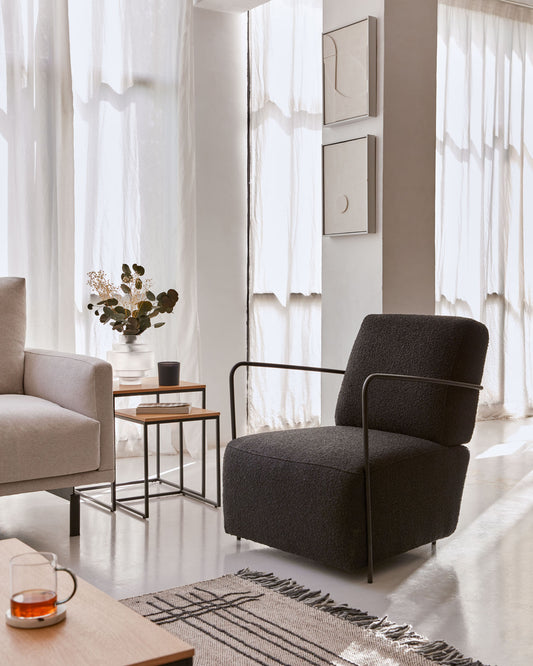 Fauteuil Gamer en laine bouclée marron et métal peint noir