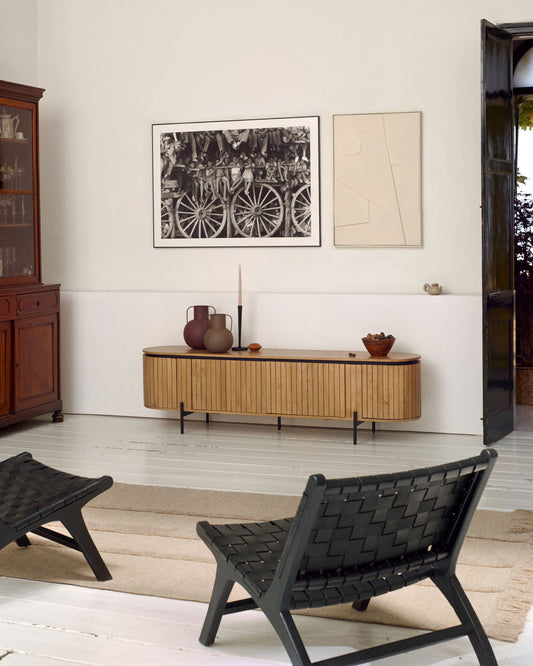 Meuble TV Licia 4 portes en bois de manguier et métal peint en noir 200 x 55 cm