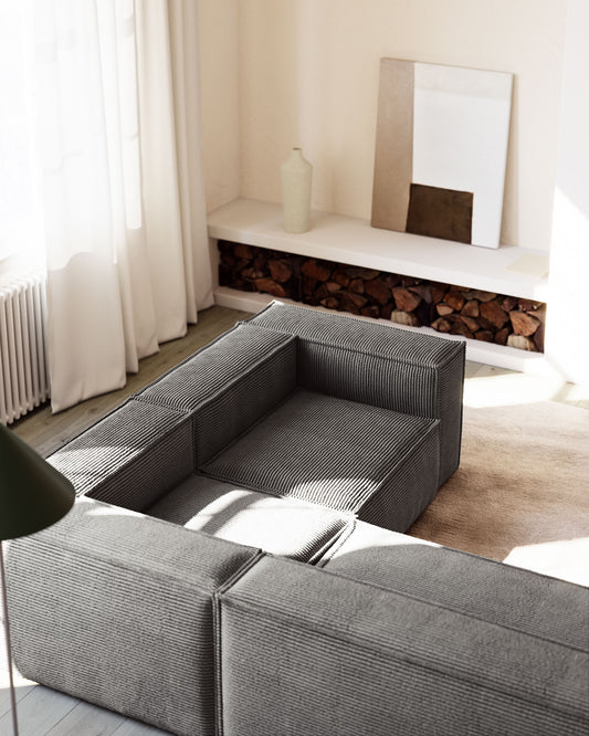 Canapé d’angle Blok 4 places velours à grosses côtes gris 320 x 230 cm / 230 x 320 cm FR