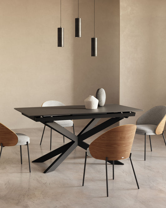 Table extensible Atminda verre trempé et pieds en acier finition blanche 160 (210) x 90 cm