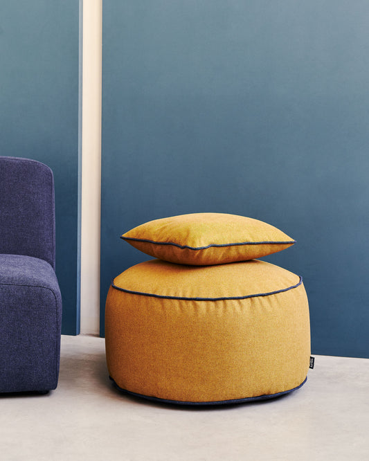 Pouf Viera jaune moutarde avec liseré bleu Ø 60 cm