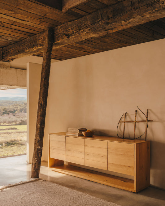 Buffet Alguema 4 portes en placage de chêne finition naturelle 200 x 74 cm