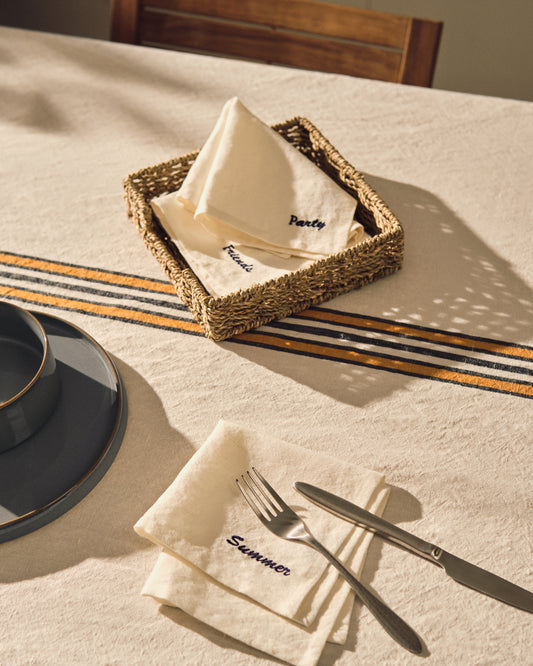 Lot Vallcanera de 4 serviettes en coton et lin avec biais bleu 40 x 40 cm