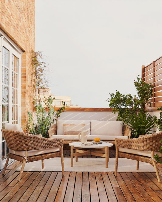 Ensemble Pola canapé 2 places 2 fauteuils bois eucalyptus et rotin synthétique FSC