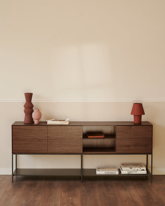 Buffet Vedrana 3 portes placage de noyer et pieds en acier noir 195 x 80 cm