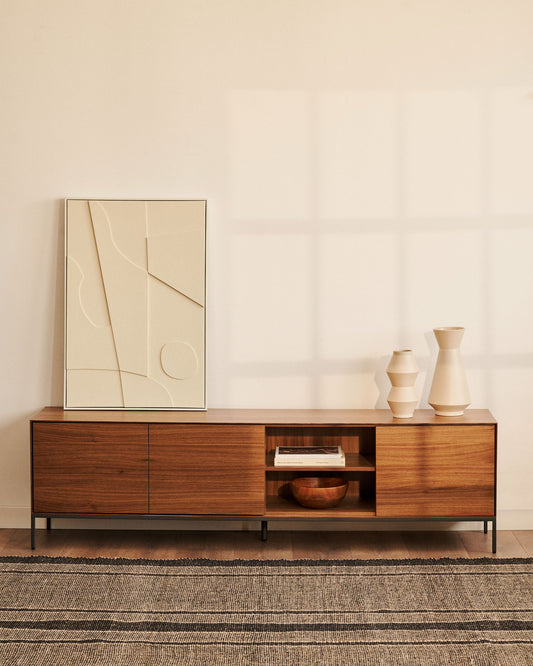 Meuble TV Vedrana 3 portes placage de noyer et pieds en acier noir 195 x 55 cm