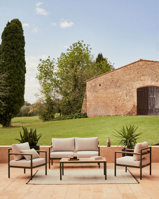 Ensemble Aiguafreda canapé 2 places, 2 fauteuils, table basse aluminium gris bois acacia