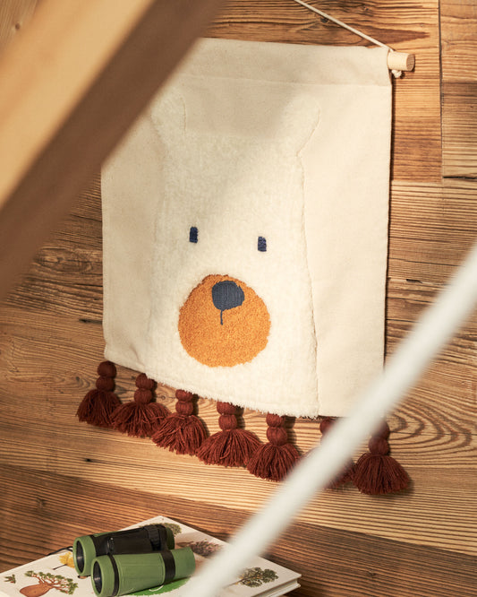 Tapisserie murale Zelda en coton blanc ours et pompons terre cuite 40 x 40 cm
