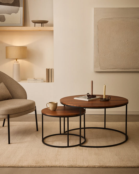 Ensemble 2 tables d'appoint gigognes Yoana en placage de chêne et métal blanc Ø80 m/Ø50cm