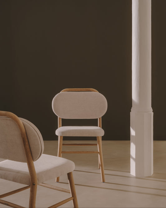 Chaise Helda en chenille beige et bois de chêne FSC Mix Credit
