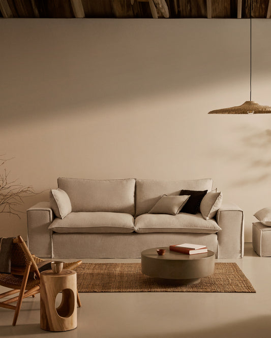 Canapé déhoussable Anarela 3 places avec coussins en lin beige FSC Mix Credit 280 cm.