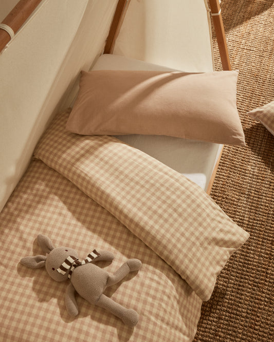 Set Yanil housse de couette, drap-housse et taie d'oreiller 100% coton carreaux rose et beige 60x120cm