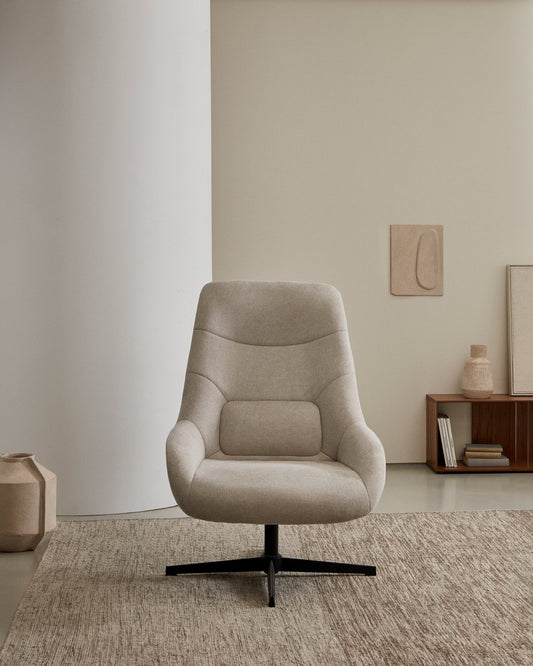 Fauteuil giratoire Celida en chenille beige et acier avec finition noire FSC 100%