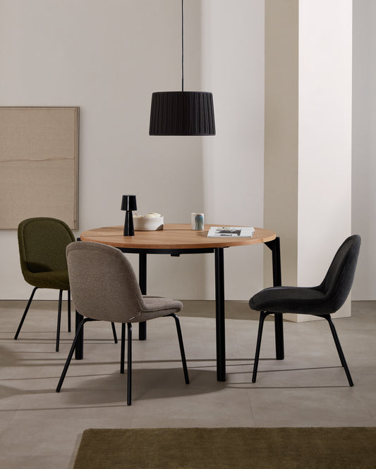 Table ronde extensible Montuiri en placage de chêne et pieds en acier noir Ø90(170) cm