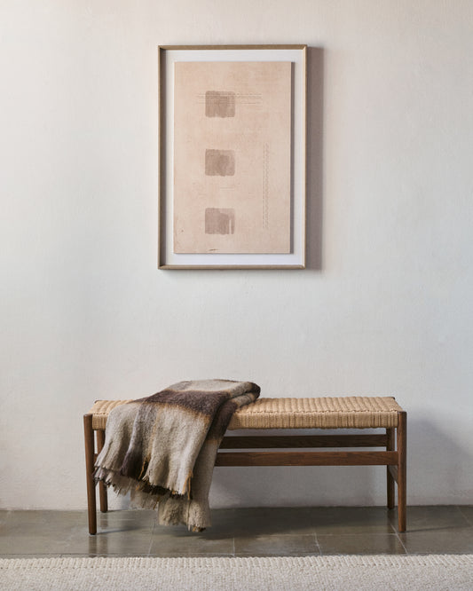 Banc Zaide en bois de chêne massif avec finition noyer et assise en corde, 120 cm, FSC Mix Credit