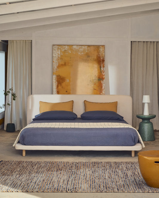 Cadre de lit déhoussable Odum en tissu micro bouclette beige et pieds en bois de hêtre 160 x 200 cm FSC Mix Credit