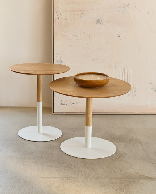 Ensemble de 2 tables d'appoint Watse placage chêne et métal peint blanc mat Ø 40 cm/Ø 48 cm