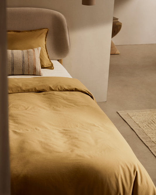 Ensemble Sifinia housse de couette et taies d’oreiller 100 % en percale de coton franges couleur moutarde lit 180 cm