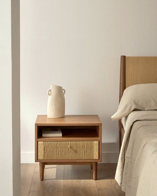 Table de nuit Elan en placage et bois de noyer avec corde 51x45cm FSC 100 %