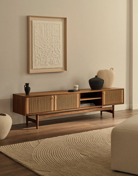 Meuble TV Elan 3 portes en placage et bois de noyer et corde 200 x 50 cm FSC 100 %