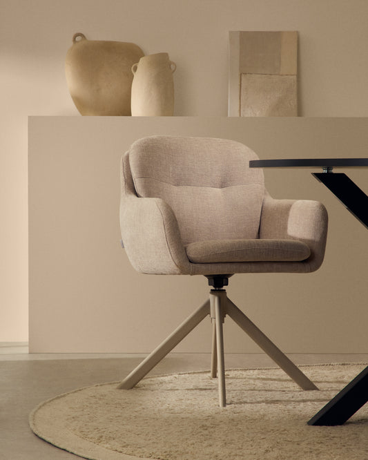 Chaise pivotante Lexa en tissu chenille beige et pieds en acier finition beige