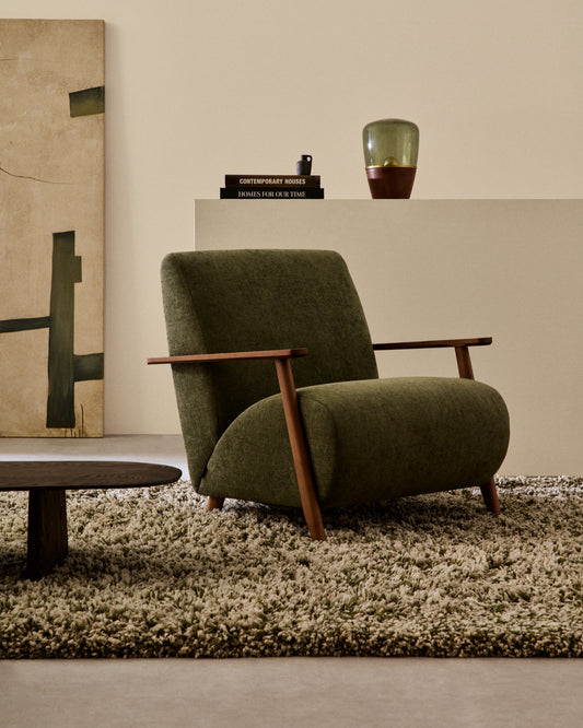 Fauteuil Meghan en chenille verte et bois de frêne finition noyer FSC Mix Credit