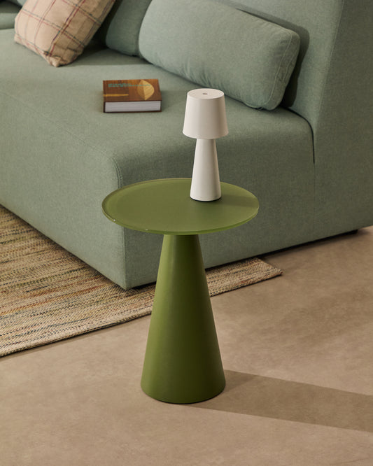 Table d'appoint Wilshire verre trempé dépoli et acier finition vert mat Ø35 cm