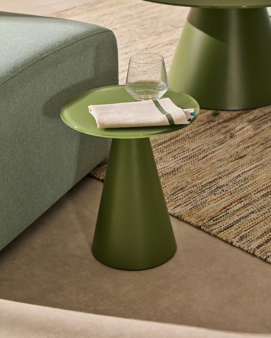 Table d'appoint Wilshire en verre trempé dépoli et acier finition vert mat Ø30 cm