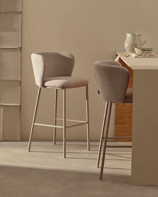Tabouret Ciselia en tissu chenille beige et acier beige hauteur 65 cm FSC Mix Credit