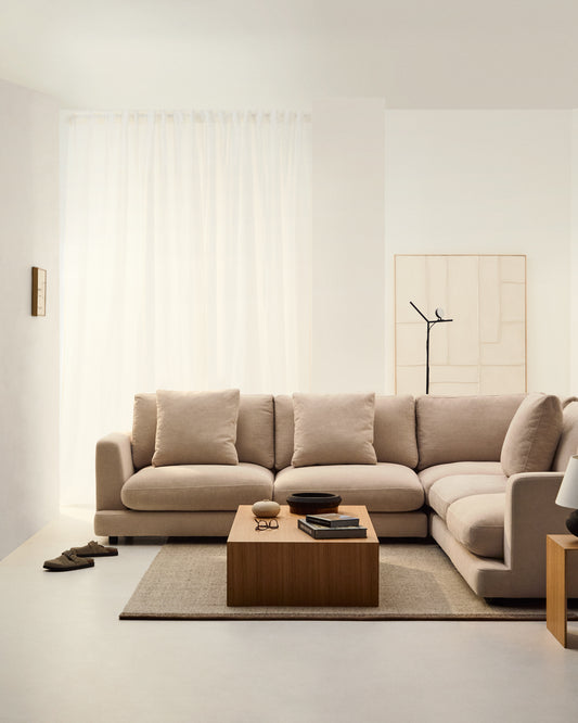 Canapé d’angle Gala 6 places en chenille beige 300 x 300 cm – Certifié FSC Mix Credit