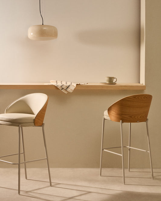 Tabouret Eamy en polyuréthane beige, placage de frêne finition naturelle et métal beige 65 cm