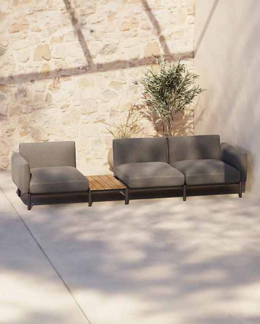 Canapé modulable d'extérieur Sorells 3 places revêtement gris et aluminium gris accompagné d’une table en teck 341 x 113 cm FSC 100 %