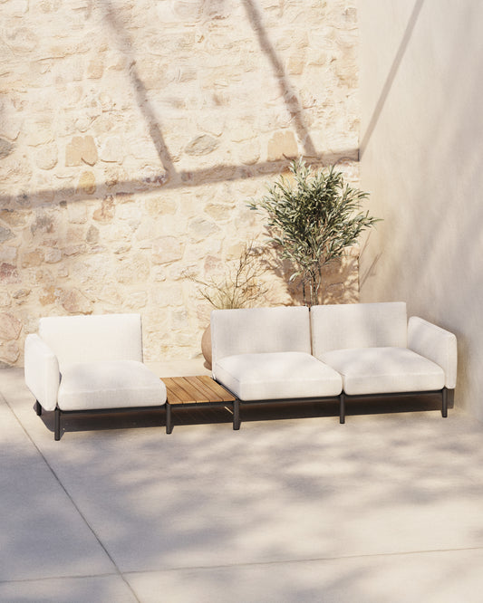 Canapé modulable d'extérieur Sorells 3 places revêtement beige et aluminium gris accompagné d’une table en teck 341 x 113 cm FSC 100 %